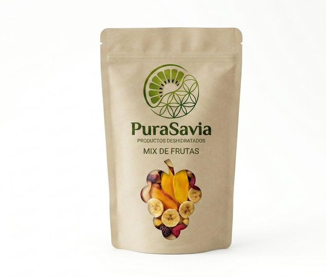 Bolsa de Mix de Frutas deshidratadas Pura Sabia, con mango, plátano, naranja, kiwi y frutos rojos